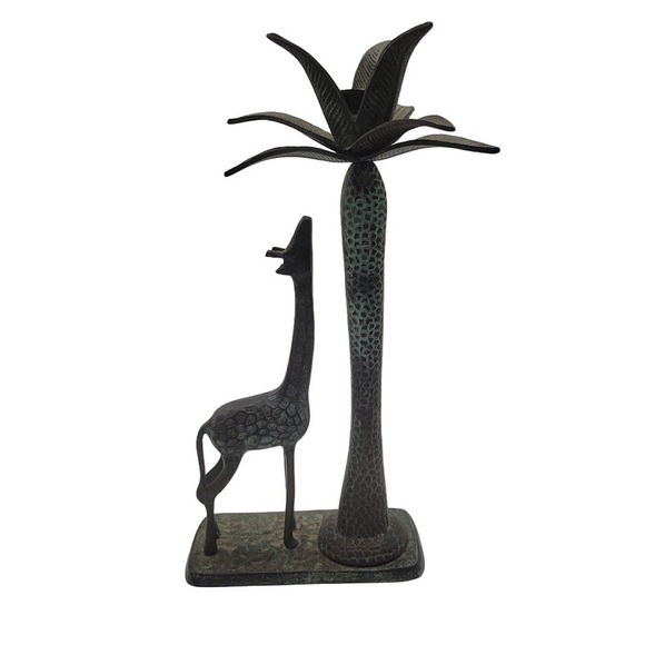 Vintage 15" Heavy Hammered Metal Giraffe Palm Tree Candlestick Holder - Picture 6 of 8